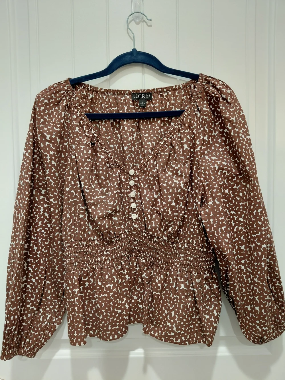 J. Crew Brown and White Printed Smocked Peasant Blouse #0958